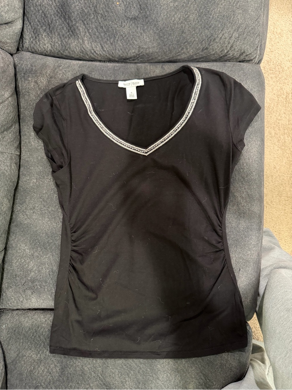 White House Black Market Black V‑Neck Short Sleeve Top with Silver Trim